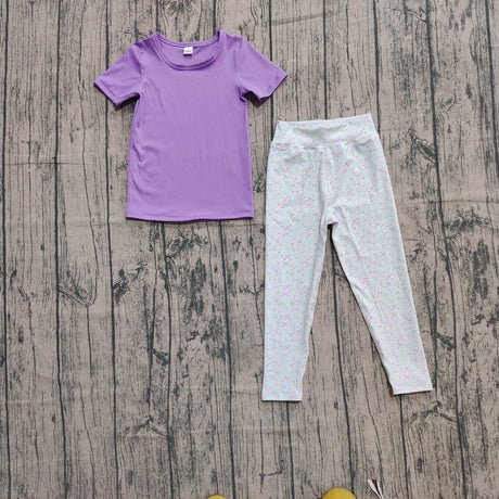 Short sleeves top floral leggings girls activewear set