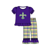 purple yellow green plaid pattern print girl mardi gras set