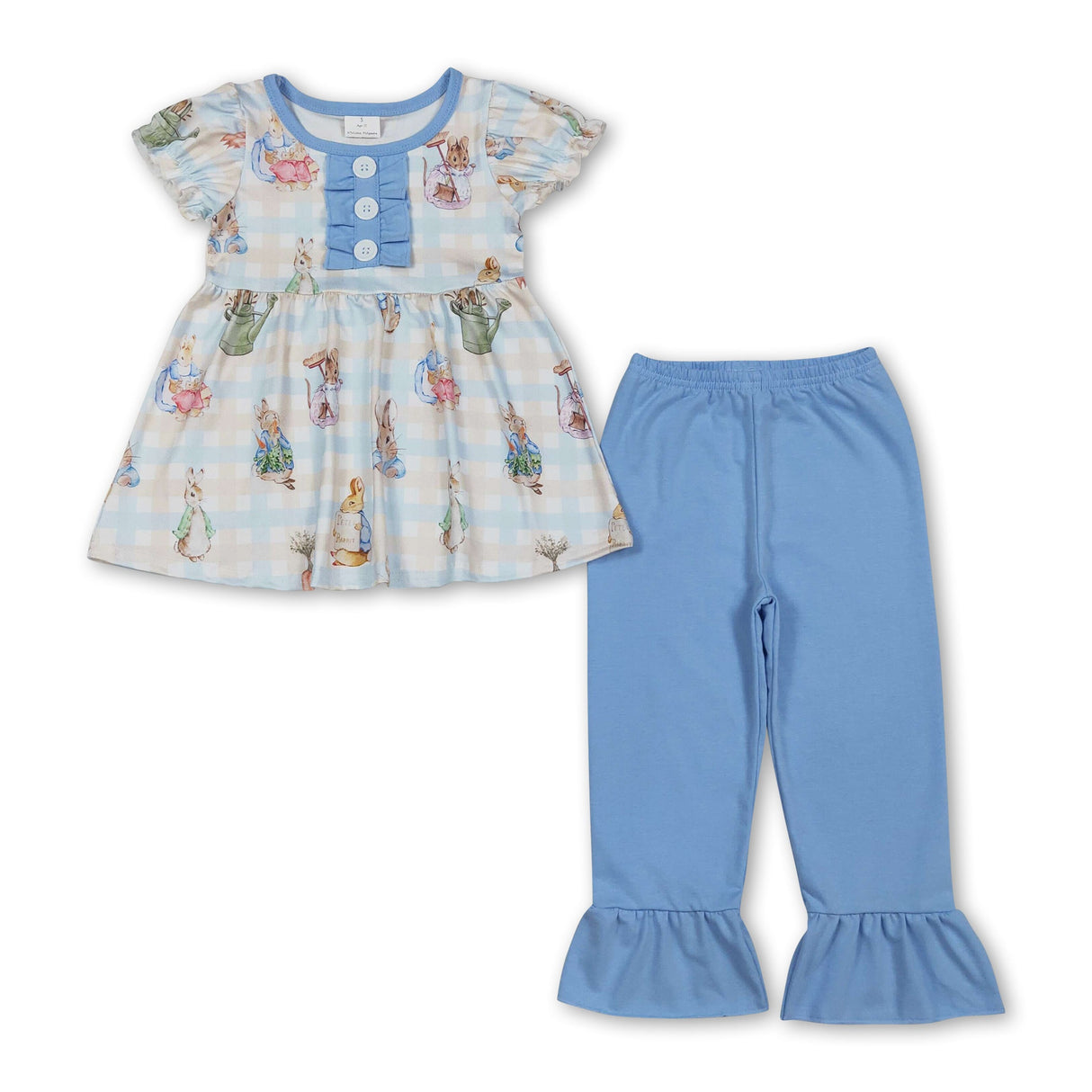 Short sleeves blue plaid rabbit kids girls Easter outfits