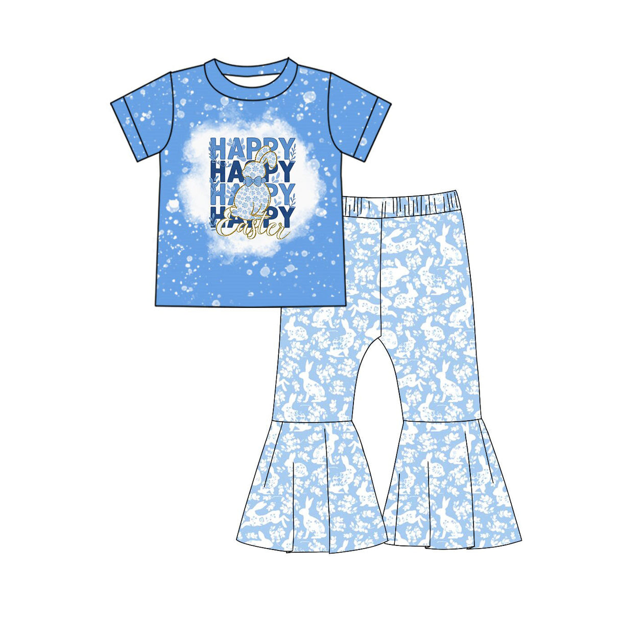 blue happy Easter rabbit girl short sleeve set