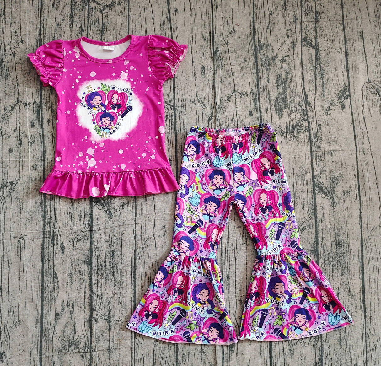 Short sleeves hot pink ruffle bleached top music pants girls outfits