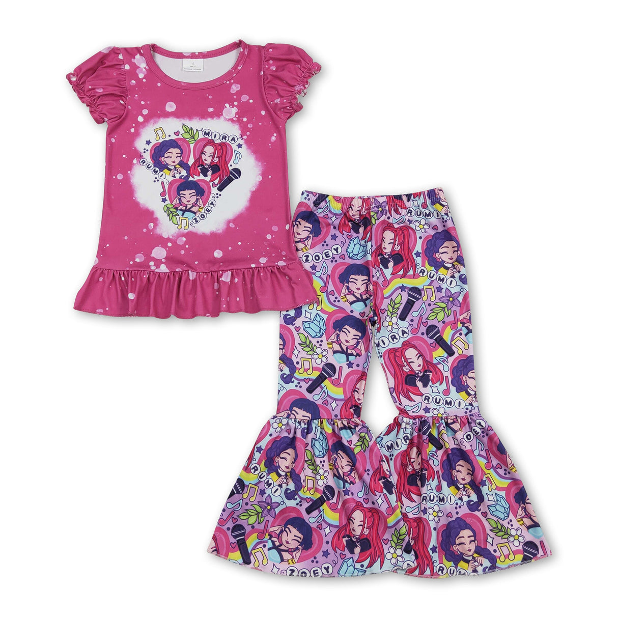 Short sleeves hot pink ruffle bleached top music pants girls outfits