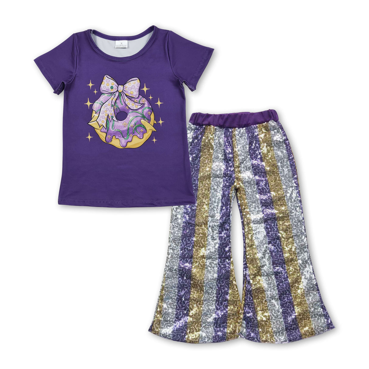 Bow donut purple top stripe sequin pants girls Mardi Gras set