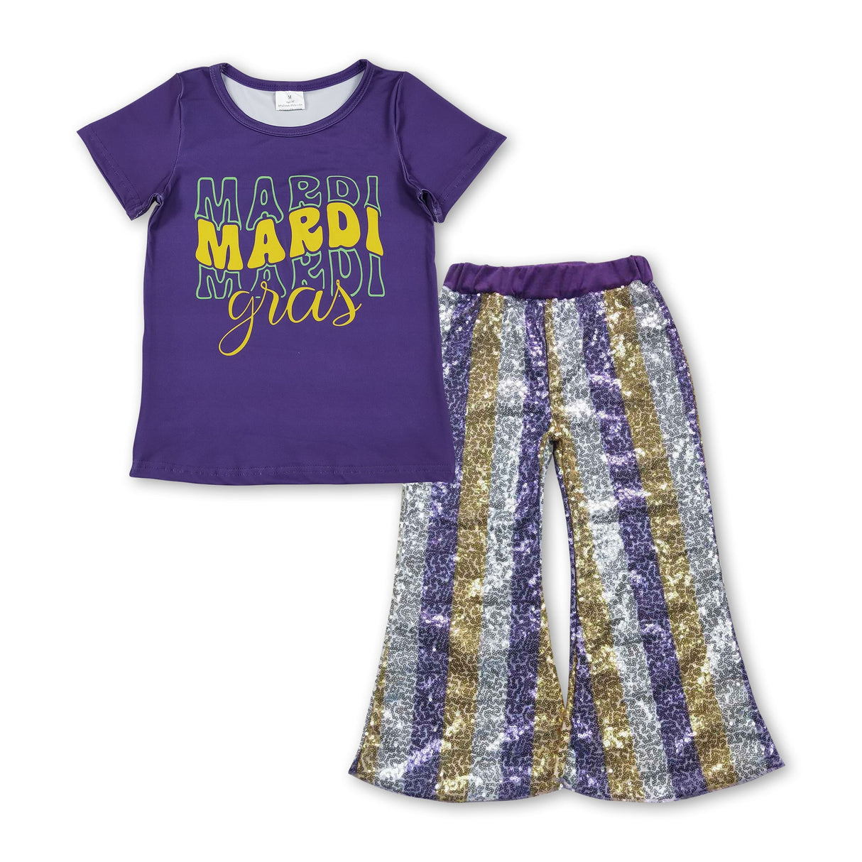 Purple short sleeves Mardi Gras top sequin pants girls outfits