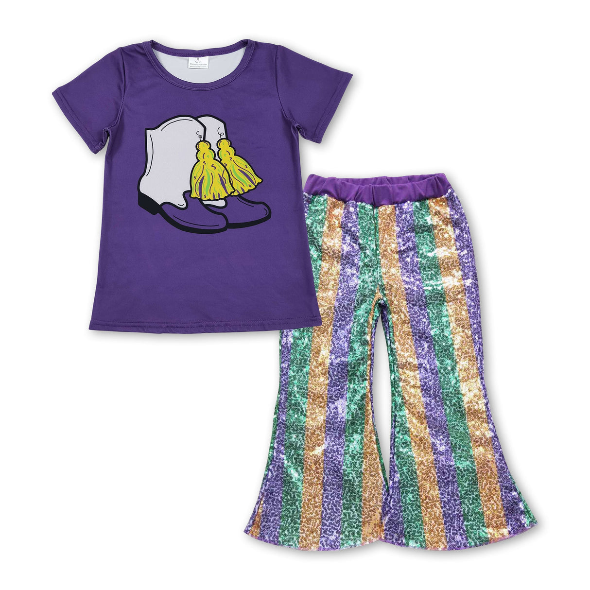 Purple boots top stripe sequin pants girls Mardi Gras outfits