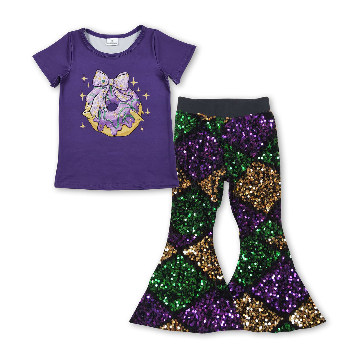 Bow donut top sequin pants girls Mardi Gras clothing set