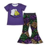 Boots purple top sequin pants girls Mardi Gras clothing set