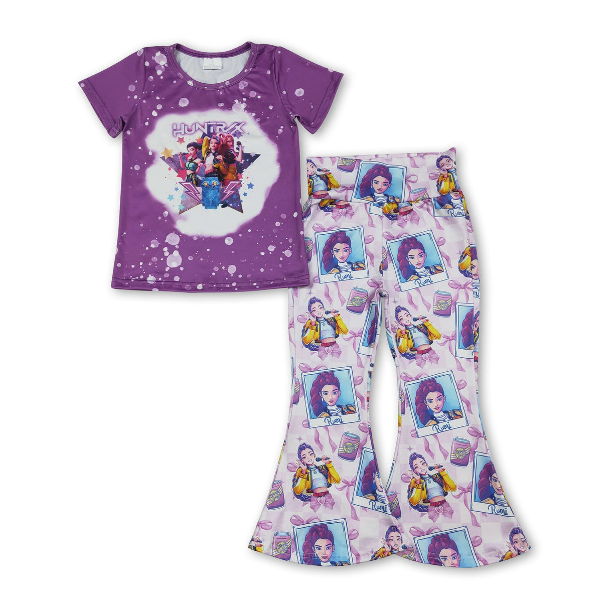 Purple bleached top bow music pants girls clothing set