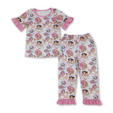 Pink ruffle short sleeves music kids girls pajamas