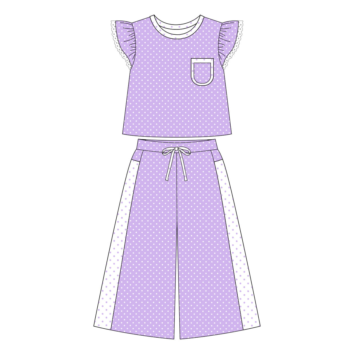 Lavender polka dots flutter sleeves top pants girls outfits