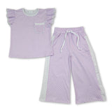 Lavender polka dots flutter sleeves top pants girls outfits