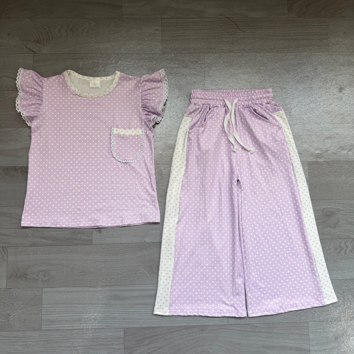 Lavender polka dots flutter sleeves top pants girls outfits