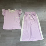 Lavender polka dots flutter sleeves top pants girls outfits