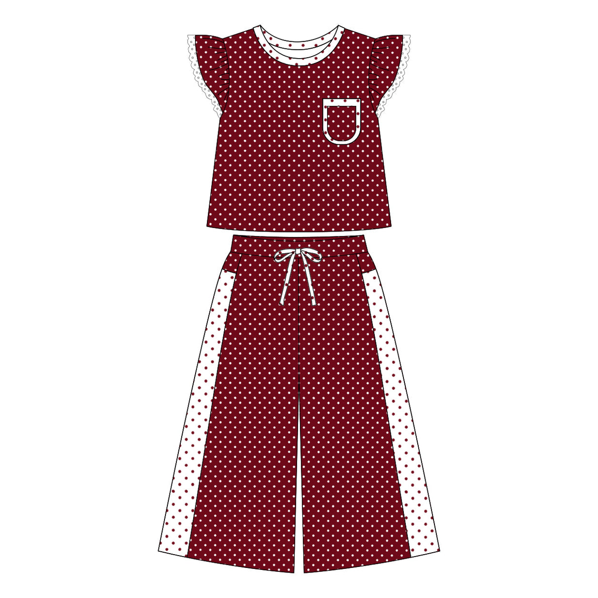Maroon polka dots flutter sleeves top pants girls outfits