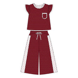 Maroon polka dots flutter sleeves top pants girls outfits