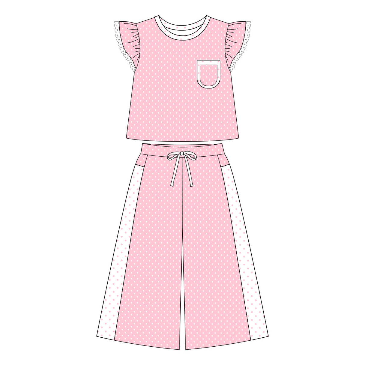 Pink polka dots flutter sleeves top pants girls outfits
