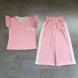 Pink polka dots flutter sleeves top pants girls outfits