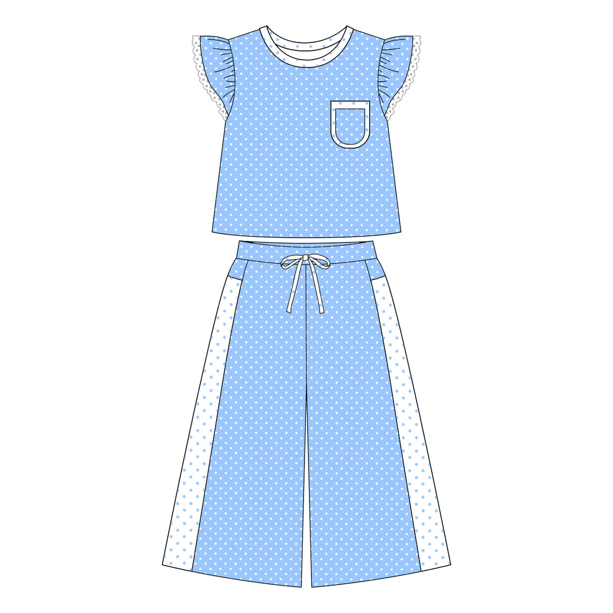 Blue polka dots flutter sleeves top pants girls outfits