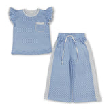 Blue polka dots flutter sleeves top pants girls outfits