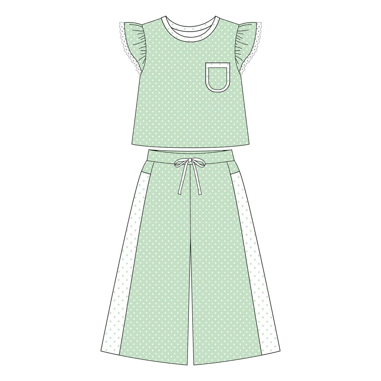 Green polka dots flutter sleeves top pants girls outfits