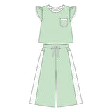 Green polka dots flutter sleeves top pants girls outfits