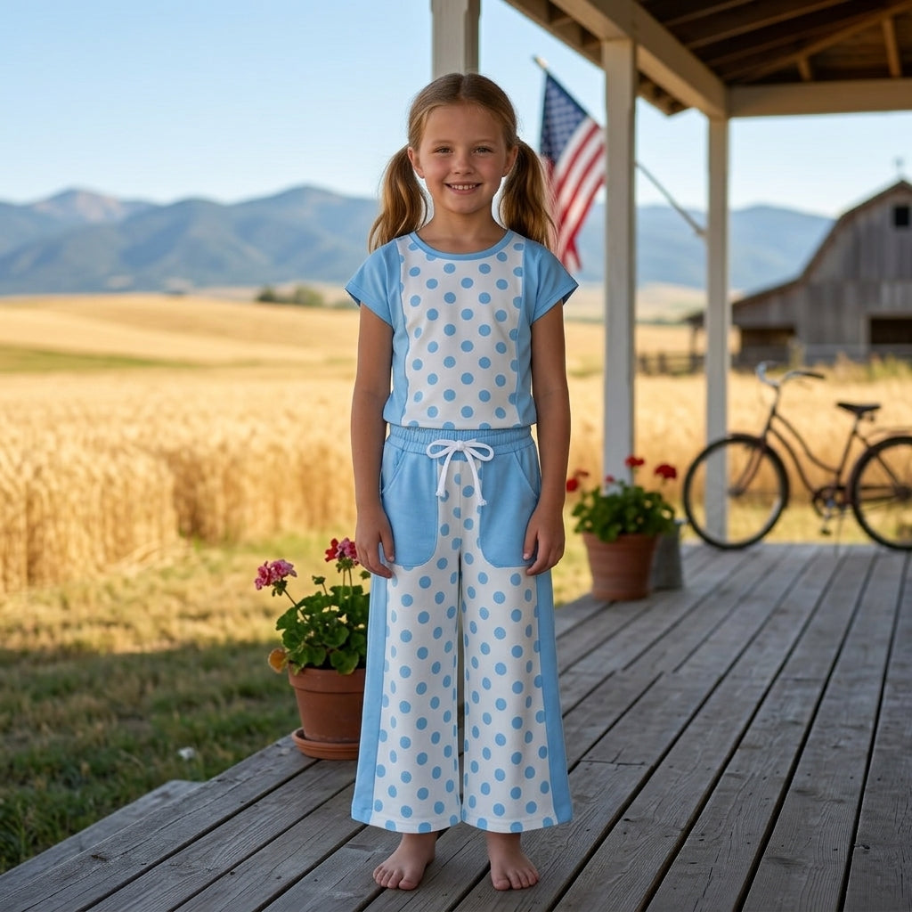 Short sleeves blue polka dots top pockets pants girls set