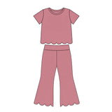 Short sleeves scallop cotton top pants girls outfits
