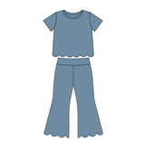 Short sleeves scallop blue cotton top pants girls outfits
