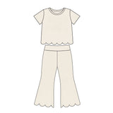 Short sleeves scallop beige cotton top pants girls outfits