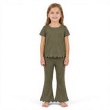 Olive short sleeves scallop top pants girls outfits
