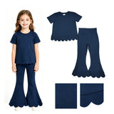 Short sleeves scallop navy cotton top pants girls outfits