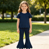 Short sleeves scallop navy cotton top pants girls outfits