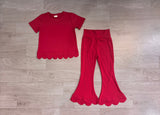 Short sleeves scallop maroon cotton top pants girls outfits