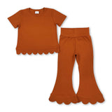 Short sleeves scallop brown cotton top pants girls outfits