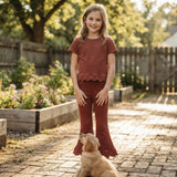 Short sleeves scallop cotton top pants girls fall outfits