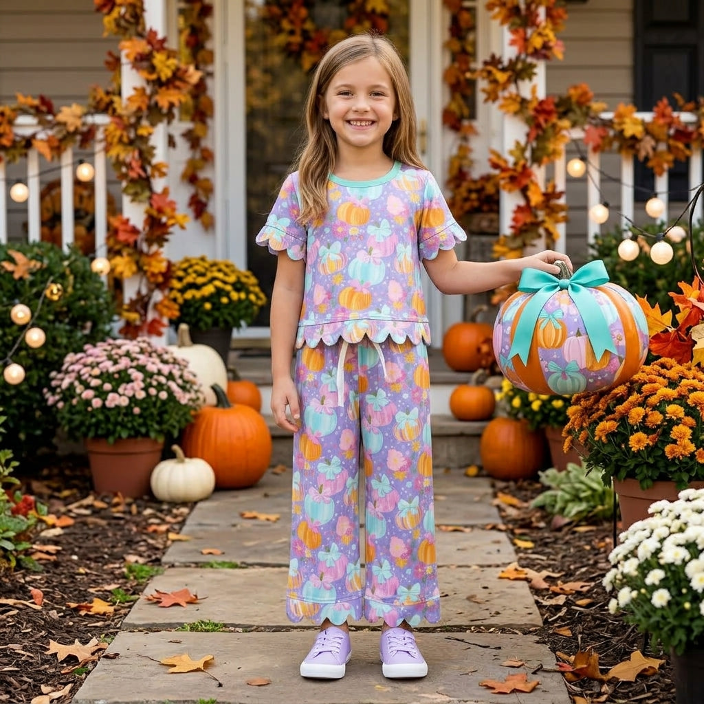 Purple pumpkin bow scallop top pants girls fall clothes