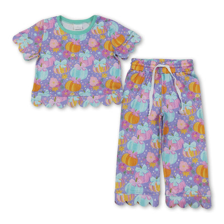 Purple pumpkin bow scallop top pants girls fall clothes