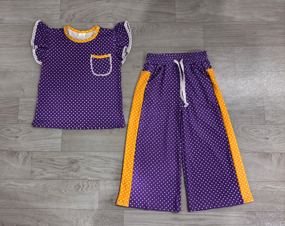 Purple polka dots flutter sleeves top pants girls team outfits