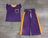 Purple polka dots flutter sleeves top pants girls team outfits