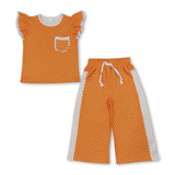 Orange polka dots flutter sleeves top pants girls team outfits