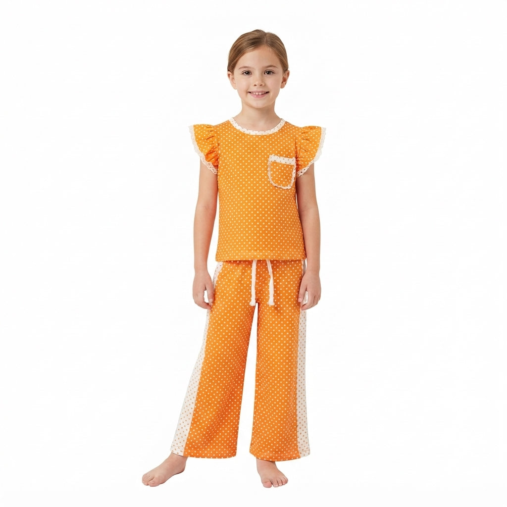 Orange polka dots flutter sleeves top pants girls team outfits
