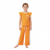Orange polka dots flutter sleeves top pants girls team outfits