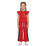 Red polka dots flutter sleeves top pants girls team outfits