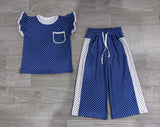 Blue polka dots flutter sleeves top pants girls team outfits