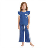 Blue polka dots flutter sleeves top pants girls team outfits
