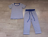 Short sleeves blue stripe top pants girls team outfits