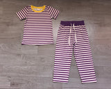 Short sleeves purple stripe top pants girls team outfits