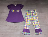Donut embroidery cotton top pants girls Mardi Gras outfits