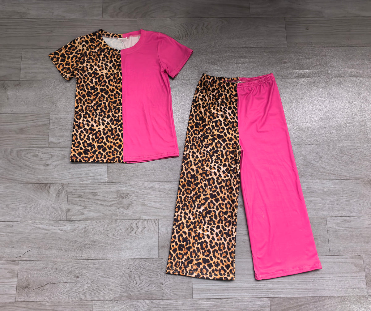 Short sleeves pink leopard top pants girls outfits