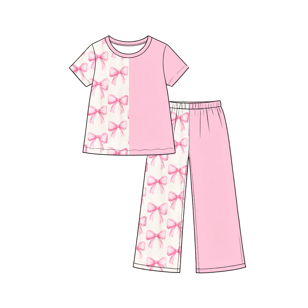 Short sleeves pink bow top pants girls outfits